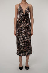 Sexy Leopard Cowl Neck Halter Tie Sleeveless Ruched Cocktail Midi Dress