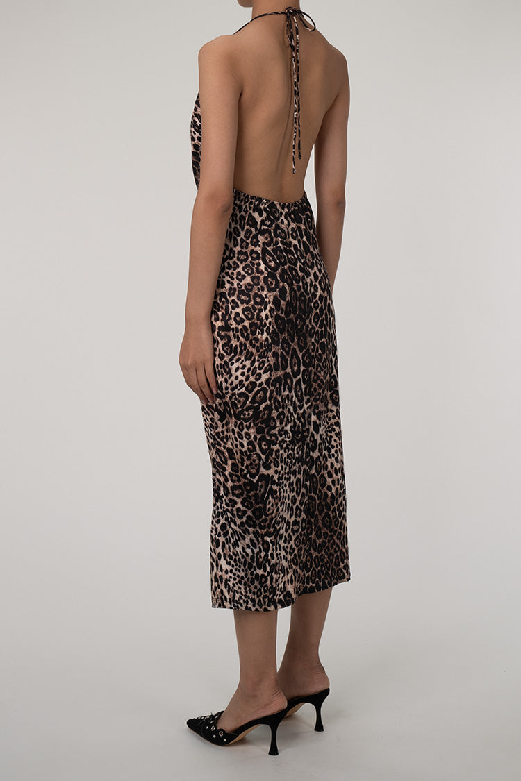 Sexy Leopard Cowl Neck Halter Tie Sleeveless Ruched Cocktail Midi Dress