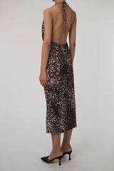 Sexy Leopard Cowl Neck Halter Tie Sleeveless Ruched Cocktail Midi Dress