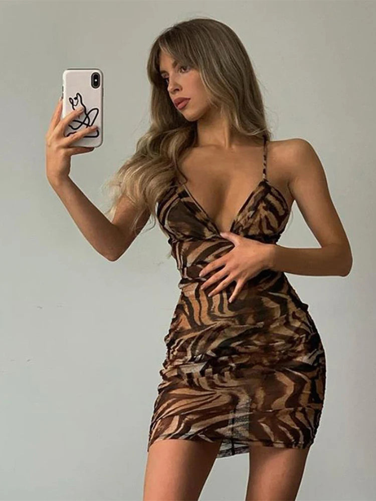 sexy low cut V-neck Printed graphic dress women summer casual club party wear vintage bodycon sling mini dresses female