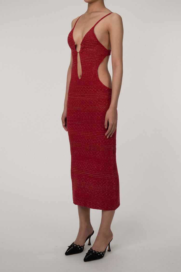 Sexy Metallic Ring Plunge Neck Spaghetti Strap Cutout Lurex Knit Midi Dress