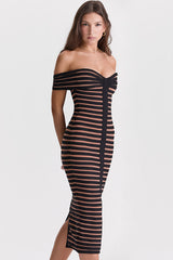 Sexy Off Shoulder Contrast Striped Bandage Cocktail Party Midi Dress - Black