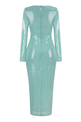 Sexy Plunge Cut Out Long Sleeve Sheer Mesh Bodycon Sequin Maxi Dress