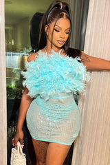 Sexy Rhinestone Sheer Mesh Panel Feather Strapless Party Mini Dress - Lake Blue