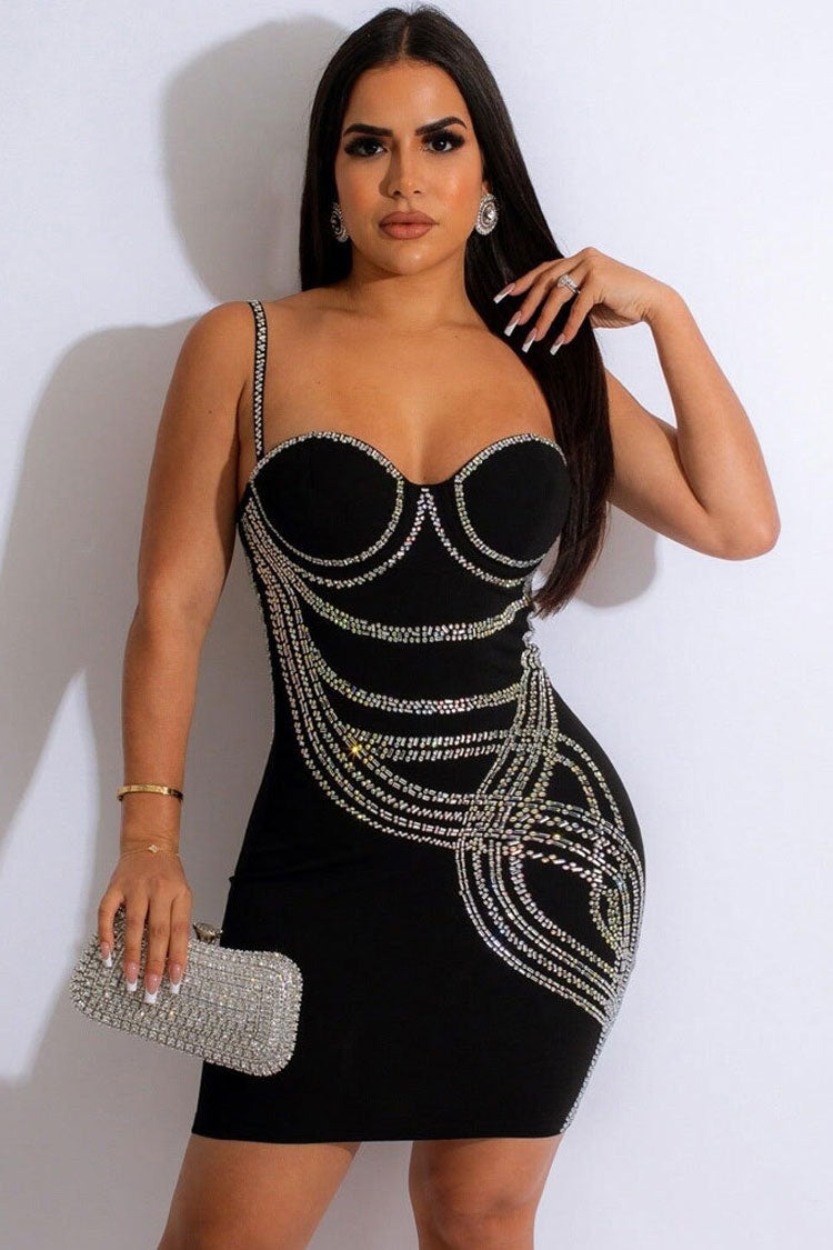 Sexy Rhinestone Trim Sweetheart Sleeveless Bodycon Party Mini Dress - Black