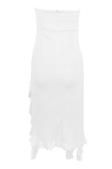 Sexy Rosette Applique Strapless Side Split Draped Ruffle Club Midi Dress