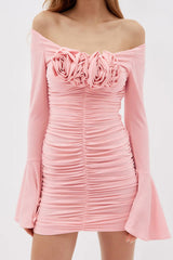 Sexy Rosette Corsage Off Shoulder Bell Sleeve Ruched Party Mini Dress - Pink