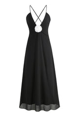 Sexy Rosette Deep V Neck Spaghetti Strap Cross Back Chiffon Slip Maxi Dress