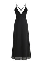 Sexy Rosette Deep V Neck Spaghetti Strap Cross Back Chiffon Slip Maxi Dress