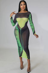 Sexy Round Neck Tie Dye Printed Long Sleeve Sheer Mesh Midi Dress - Green