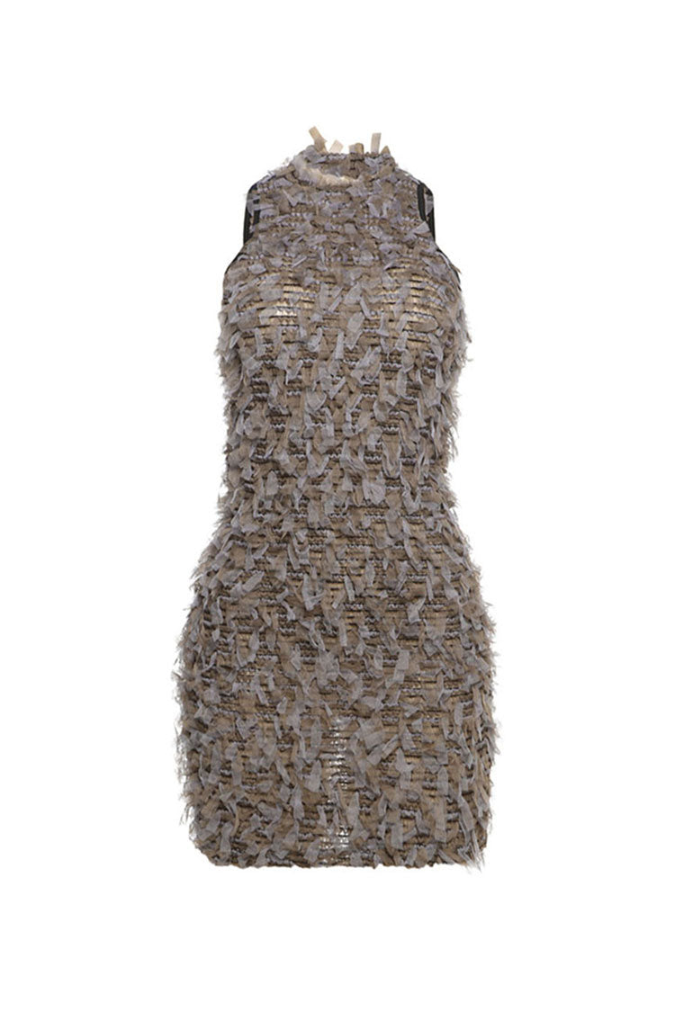 Sexy Ruffle Fringe Sheer Mesh Sleeveless Bodycon Club Mini Dress