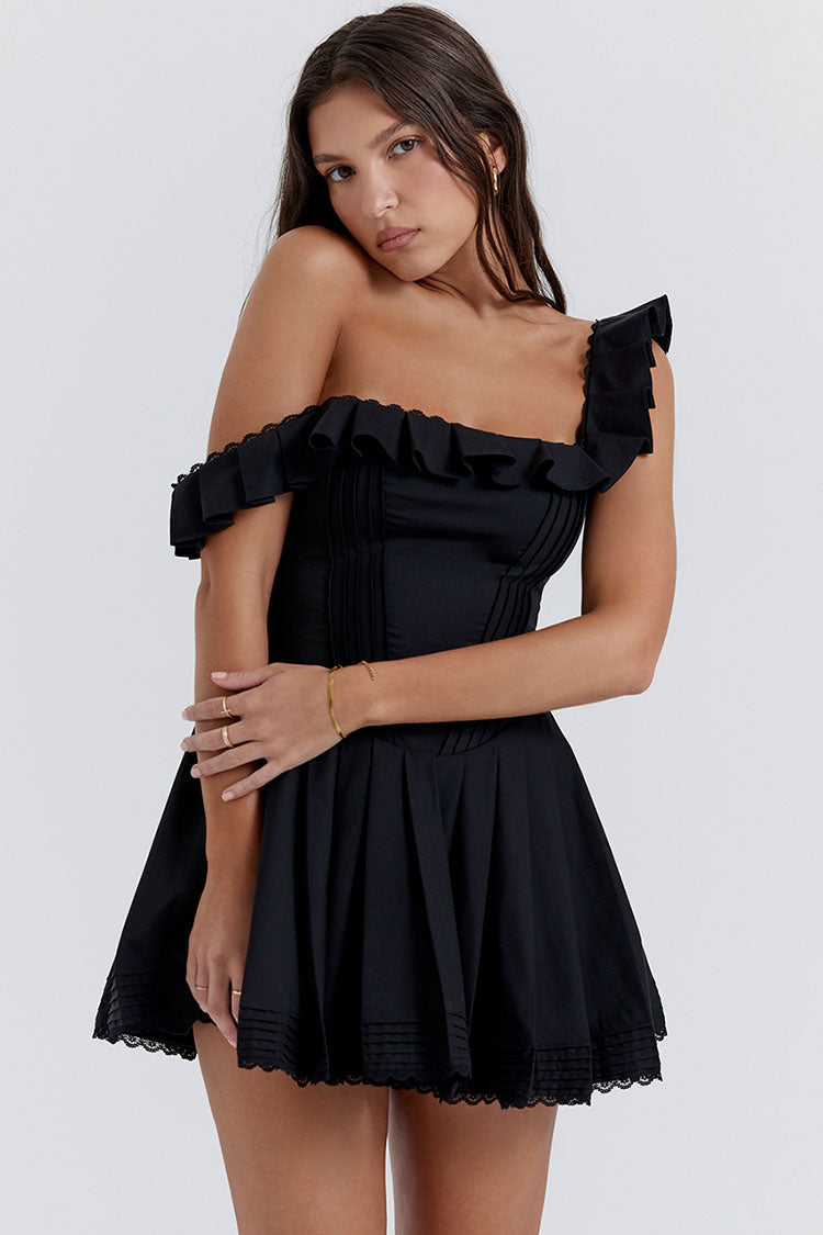 Sexy Ruffle Square Neck Frilled Fit and Flare Drop Waist Summer Mini Sundress - Black