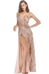 Sexy Scalloped Deep V High Split Sequin Lace Evening Maxi Dress -Apricot