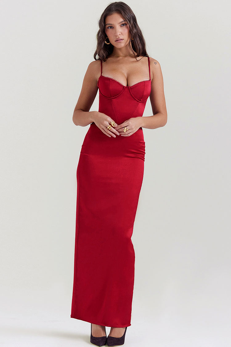 Sexy Silky Satin Sweetheart Spaghetti Strap Split Corset Evening Maxi Dress - Red