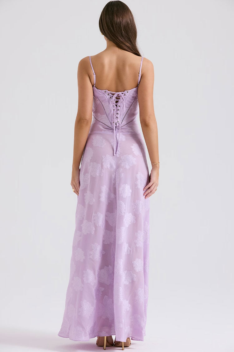 Sexy Spaghetti Strap Lace Up Sheer Jacquard Floral Evening Maxi Slip Dress