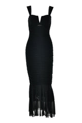 Sexy Split Cutout Mesh Ruched Bodycon Ruffle Fishtail Evening Maxi Dress