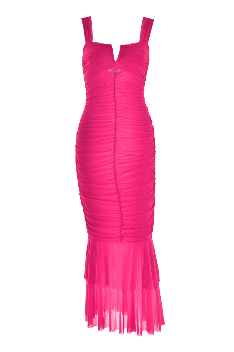 Sexy Split Cutout Mesh Ruched Bodycon Ruffle Fishtail Evening Maxi Dress