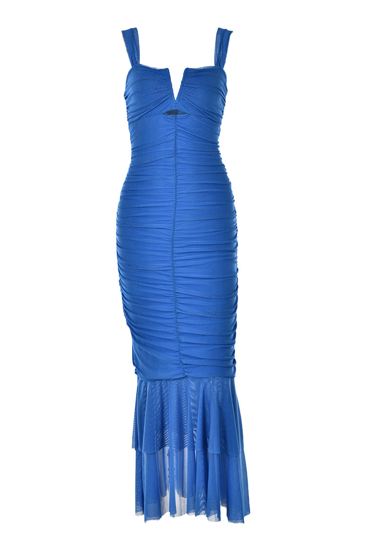 Sexy Split Cutout Mesh Ruched Bodycon Ruffle Fishtail Evening Maxi Dress