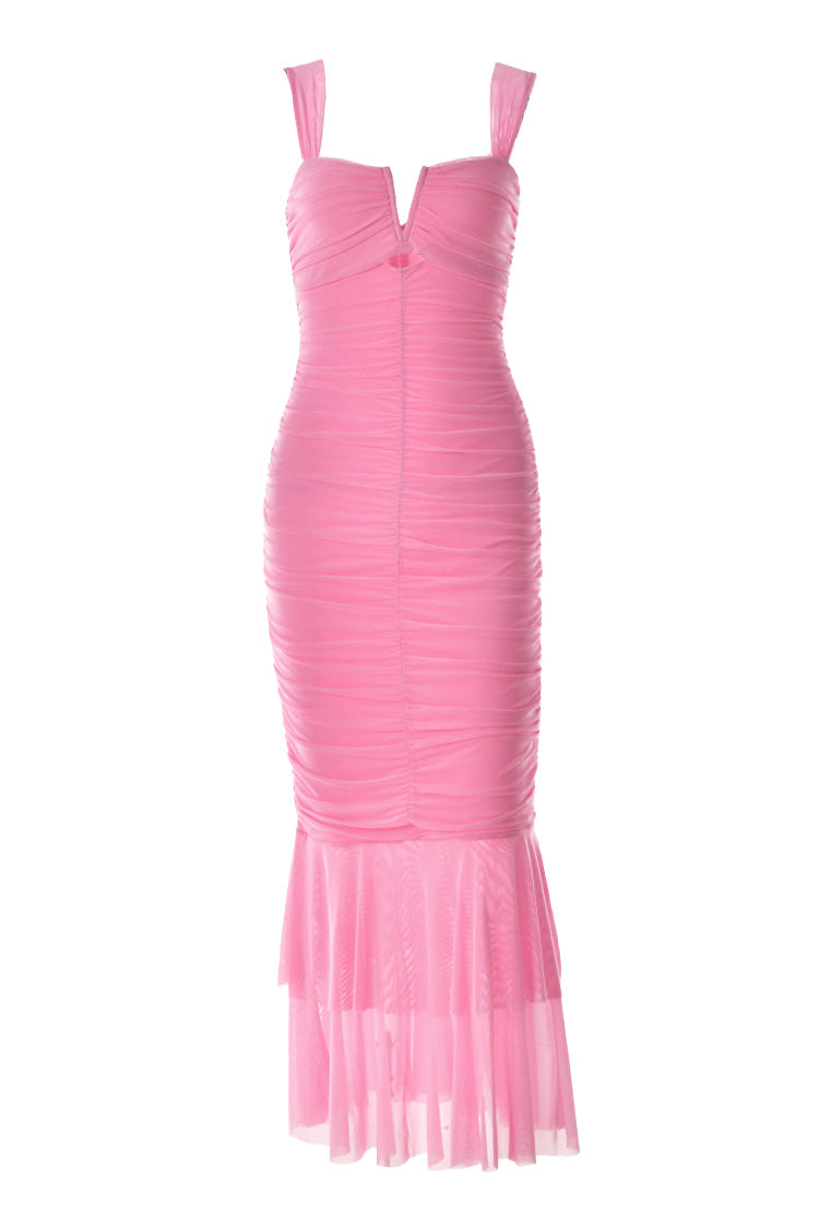 Sexy Split Cutout Mesh Ruched Bodycon Ruffle Fishtail Evening Maxi Dress