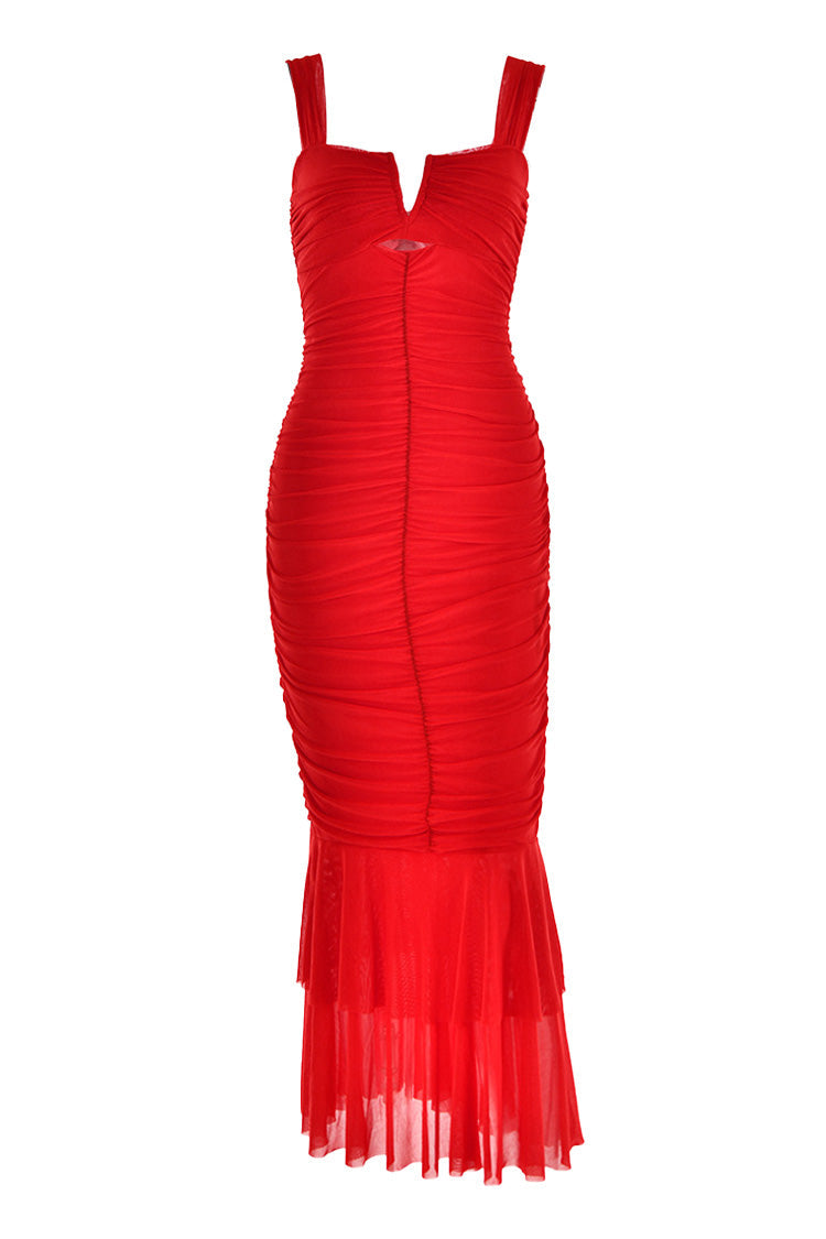 Sexy Split Cutout Mesh Ruched Bodycon Ruffle Fishtail Evening Maxi Dress