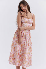 Sexy Square Neck Button Down Lace Up Fit & Flare Printed Midi Sundress - Floral