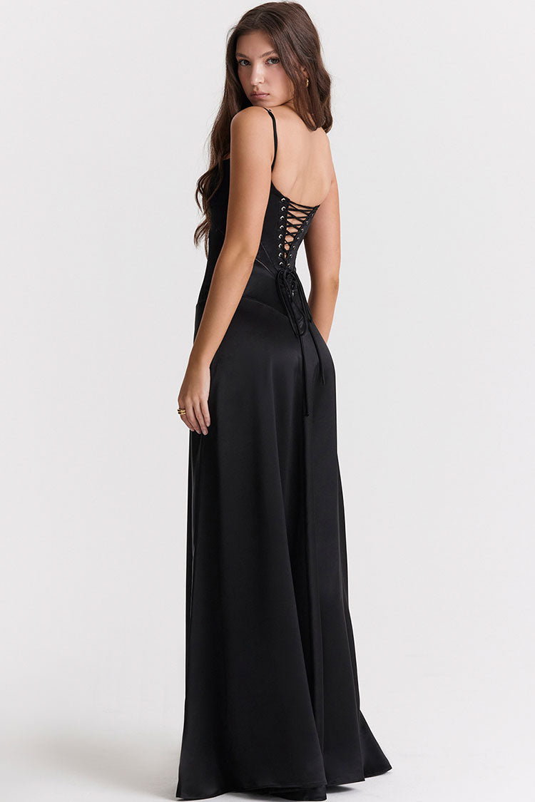 Sexy Square Neck Pintuck Trim Lace Up Back Satin Slip Maxi Dress - Black