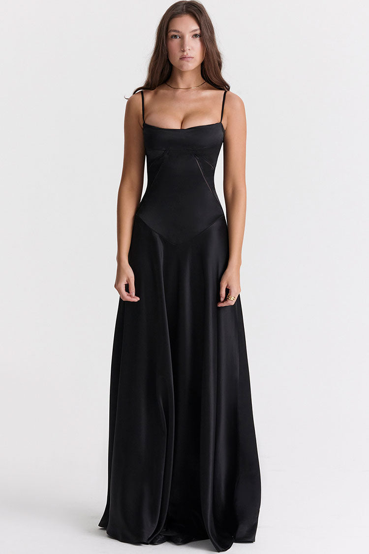 Sexy Square Neck Pintuck Trim Lace Up Back Satin Slip Maxi Dress - Black