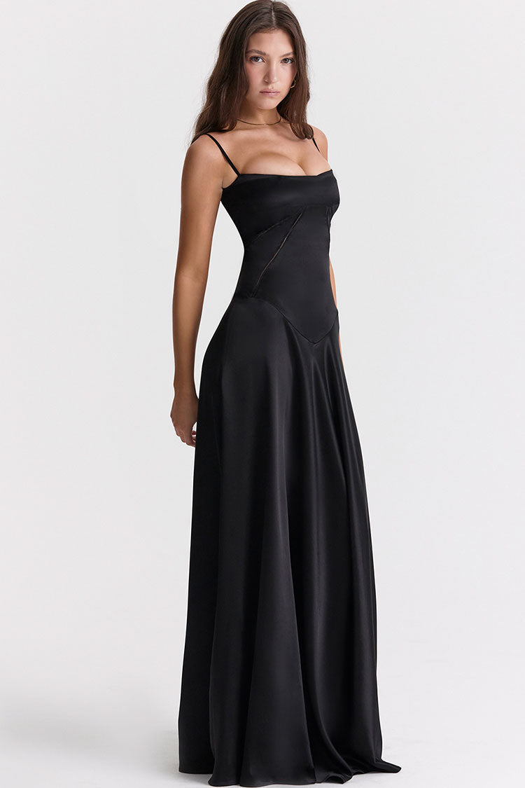 Sexy Square Neck Pintuck Trim Lace Up Back Satin Slip Maxi Dress - Black