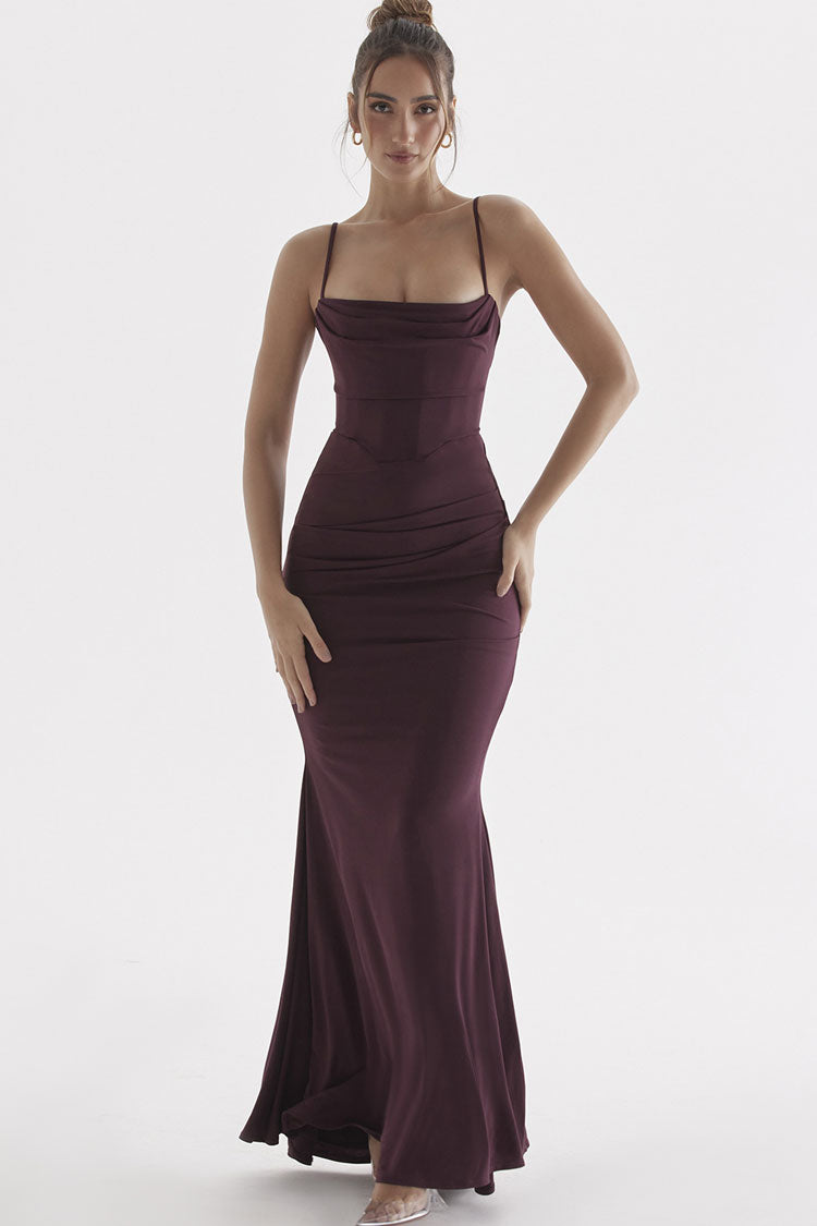 Sexy Square Neck Ruched Corset Fishtail Evening Maxi Dress - Fuchsia