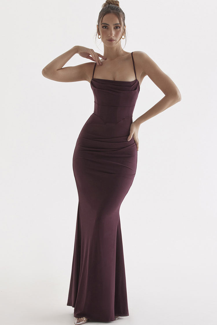 Sexy Square Neck Ruched Corset Fishtail Evening Maxi Dress - Fuchsia