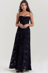 Sexy Square Neck Spaghetti Strap Lace Up Floral Lace Slip Maxi Dress - Black