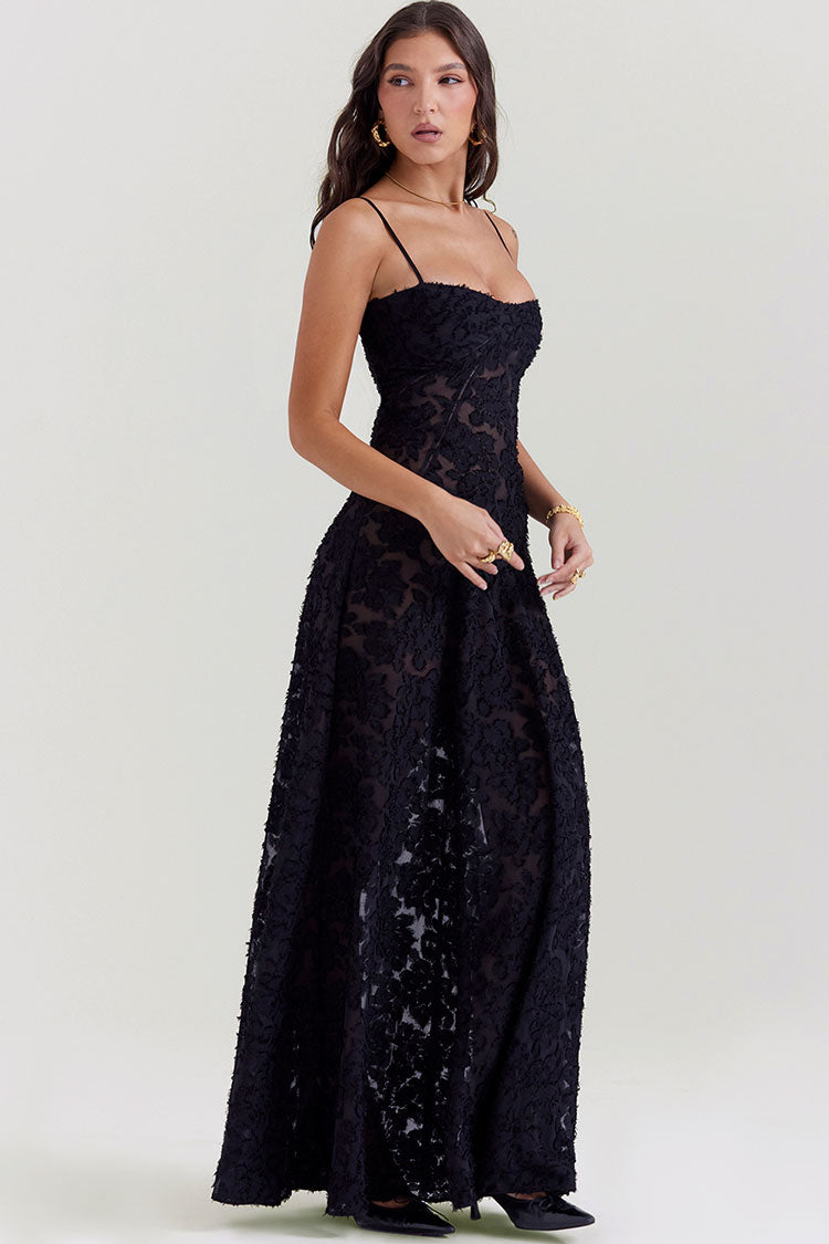 Sexy Square Neck Spaghetti Strap Lace Up Floral Lace Slip Maxi Dress - Black