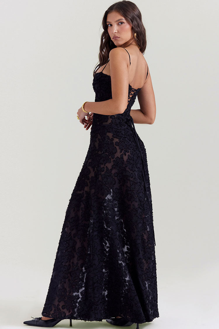 Sexy Square Neck Spaghetti Strap Lace Up Floral Lace Slip Maxi Dress - Black