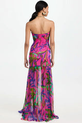 Sexy Strapless Printed Patchwork Ruffle Split Maxi Beach Vacation Dress - Hot Pink