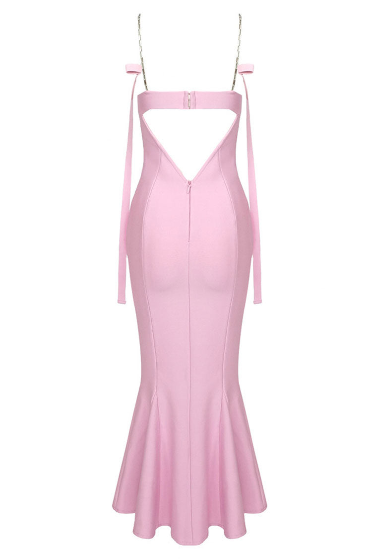 Sexy Sweetheart Chain Strap Bandage Fishtail Cocktail Party Midi Dress - Pink