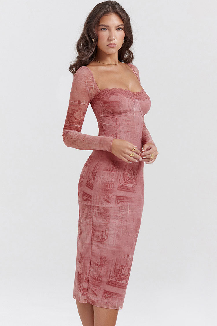 Sexy Sweetheart Lace Up Back Bodycon Printed Cocktail Party Midi Dress - Pink