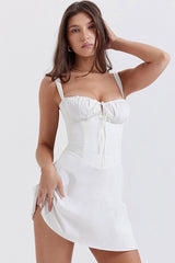 Sexy Tie Front Lace Up Back Fit & Flare Corset Mini Sundress - White