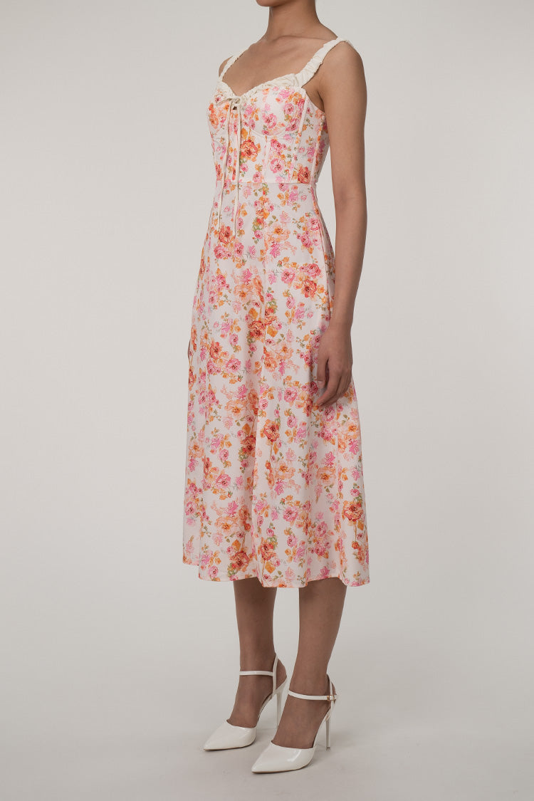 Sexy Tie Neck High Split Floral Printed Summer Midi Sundress - Beige