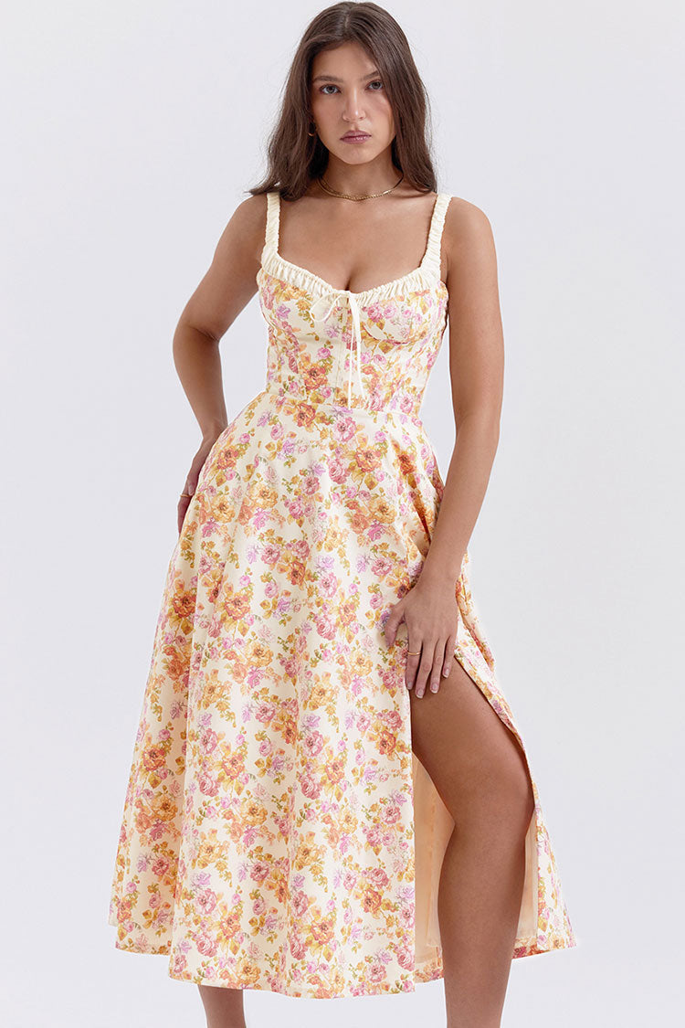 Sexy Tie Neck High Split Floral Printed Summer Midi Sundress - Beige