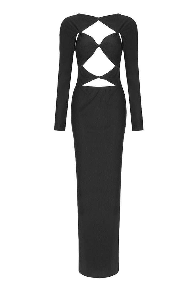 Sexy Twist Bra Knot Cut Out Long Sleeve Bodycon Jersey Evening Maxi Dress