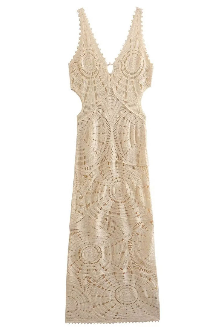 Sexy V Neck Cutout Circle Crochet Open Knit Maxi Beach Vacation Dress - Beige