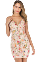 Sexy V Neck Spaghetti Strap Sleeveless Floral Sequin Party Mini Dress - Floral