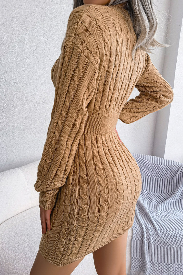 Sexy V Neck Winter Fisherman Cable Knit Sweater Mini Dress - Khaki