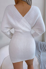 Sexy Winter Wrap V Neck Rib Knit Sweater Mini Dress - White