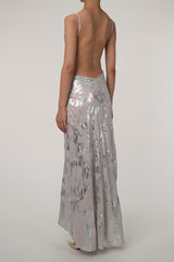 Shimmering Metallic Foil V Neck Spaghetti Strap Backless Evening Maxi Dress