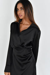 Silky Collared V Neck Ruched Wrap Trim Long Sleeve Mini Dress - Black