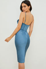 Silky Cowl Neck Corset Satin Midi Cocktail Dress - Blue