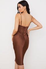 Silky Cowl Neck Corset Satin Midi Cocktail Dress - Coffee