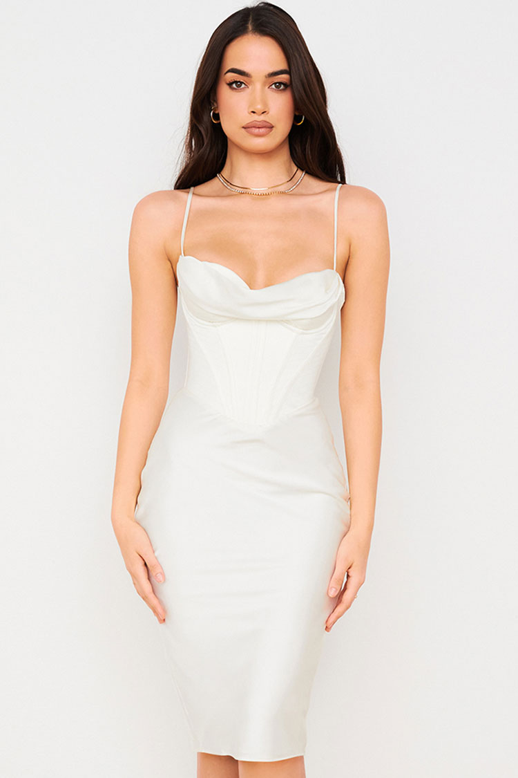 Silky Cowl Neck Corset Satin Midi Cocktail Dress - White