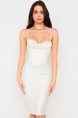 Silky Cowl Neck Corset Satin Midi Cocktail Dress - White